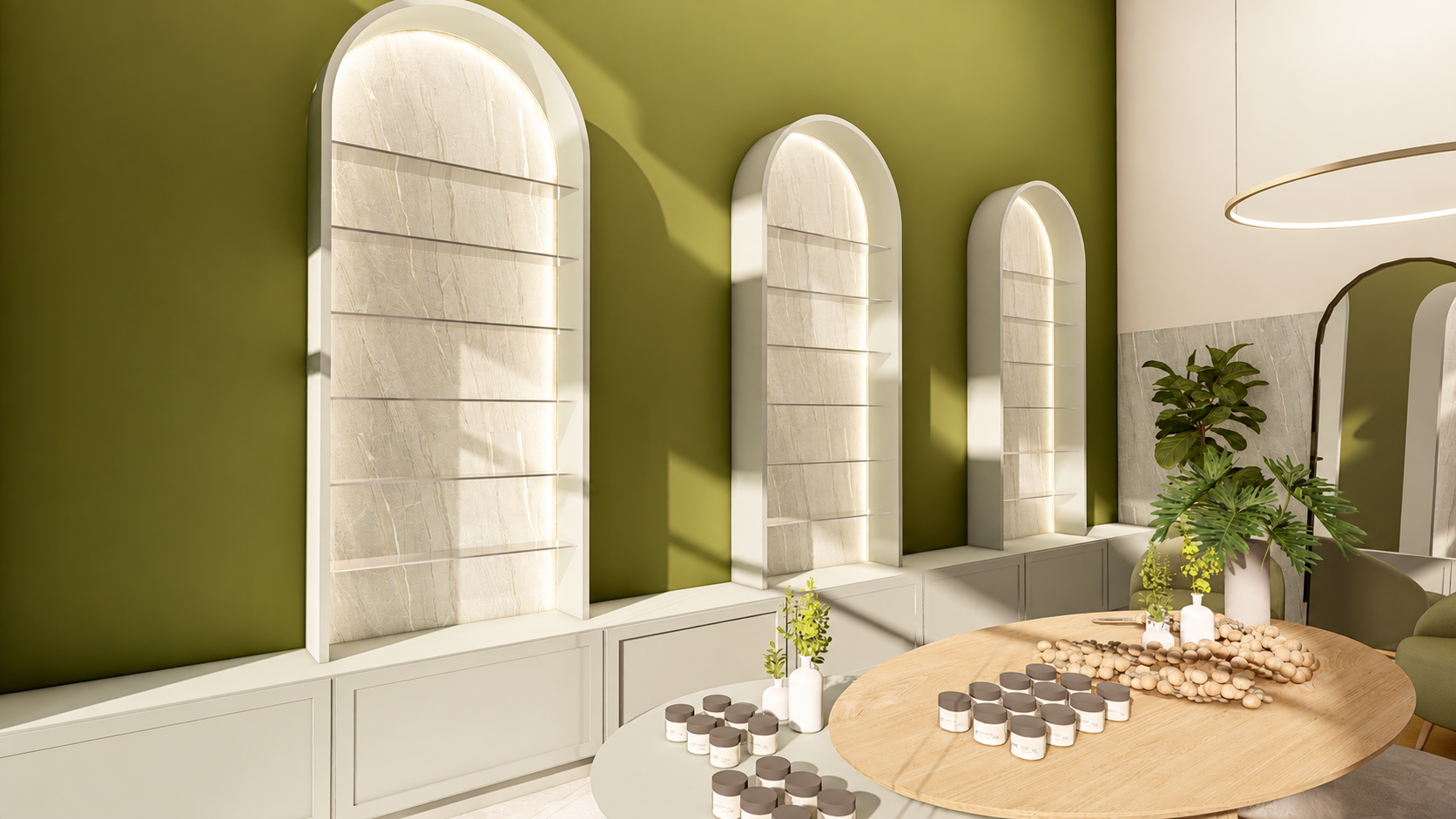 Detalhe interno da Áriss Essências com nichos e produtos expostos